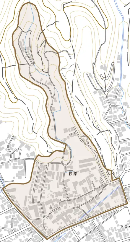萩原とその周辺の地図。町の範囲を重ねている