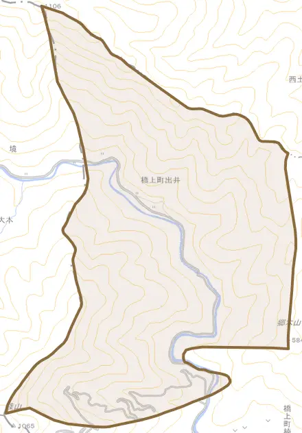 橋上町出井とその周辺の地図。町の範囲を重ねている