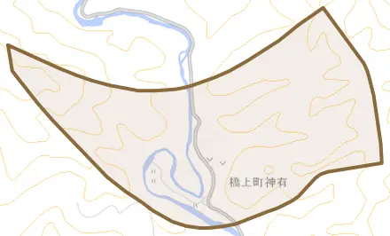 橋上町神有とその周辺の地図。町の範囲を重ねている