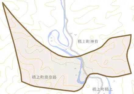 橋上町奥奈路とその周辺の地図。町の範囲を重ねている