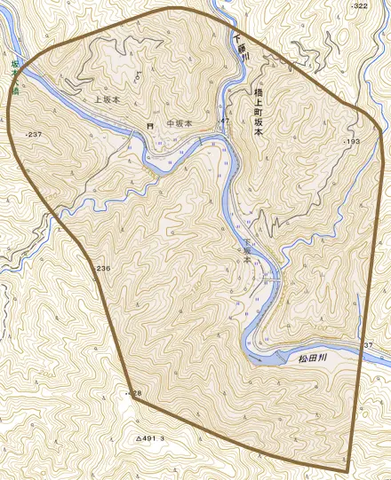 橋上町坂本とその周辺の地図。町の範囲を重ねている