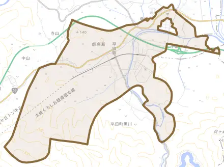 平田町戸内とその周辺の地図。町の範囲を重ねている
