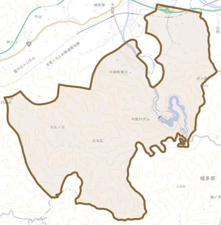 平田町黒川とその周辺の地図。町の範囲を重ねている