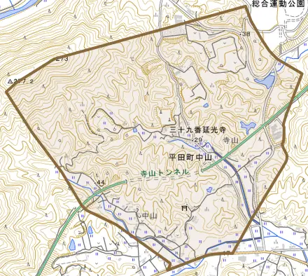 平田町中山とその周辺の地図。町の範囲を重ねている