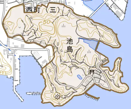 池島とその周辺の地図。町の範囲を重ねている