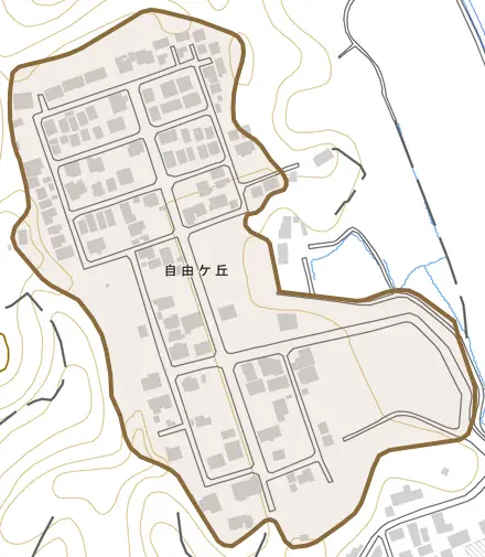 自由ケ丘とその周辺の地図。町の範囲を重ねている