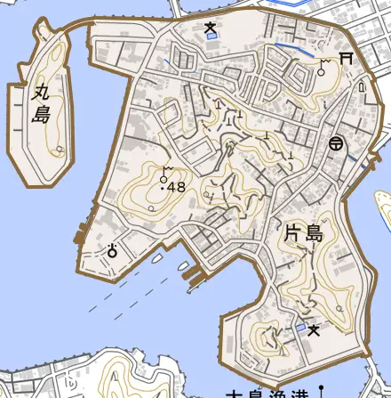 片島とその周辺の地図。町の範囲を重ねている