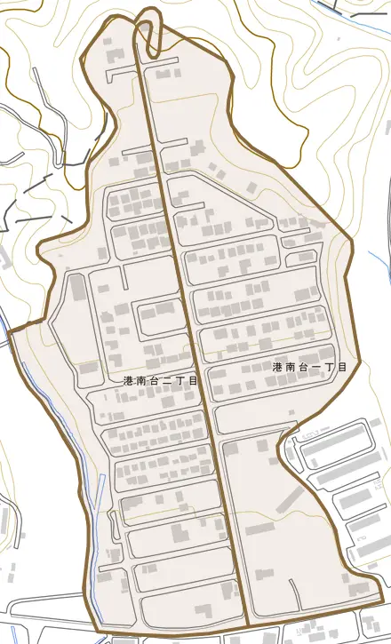 港南台とその周辺の地図。町の範囲を重ねている