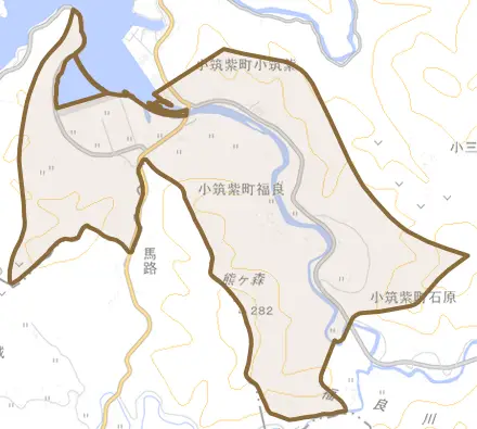 小筑紫町福良とその周辺の地図。町の範囲を重ねている
