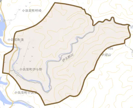 小筑紫町伊与野とその周辺の地図。町の範囲を重ねている