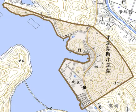 小筑紫町小筑紫とその周辺の地図。町の範囲を重ねている