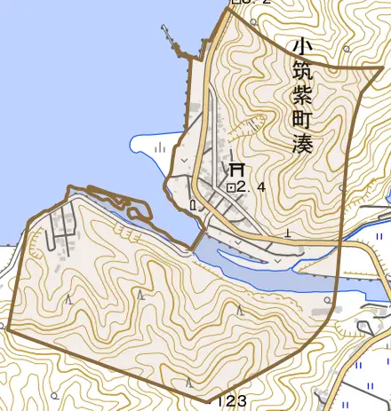 小筑紫町湊とその周辺の地図。町の範囲を重ねている