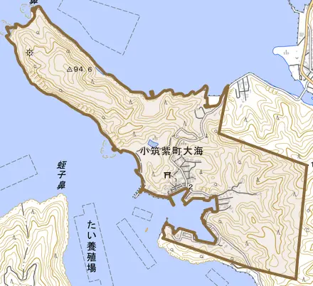 小筑紫町大海とその周辺の地図。町の範囲を重ねている