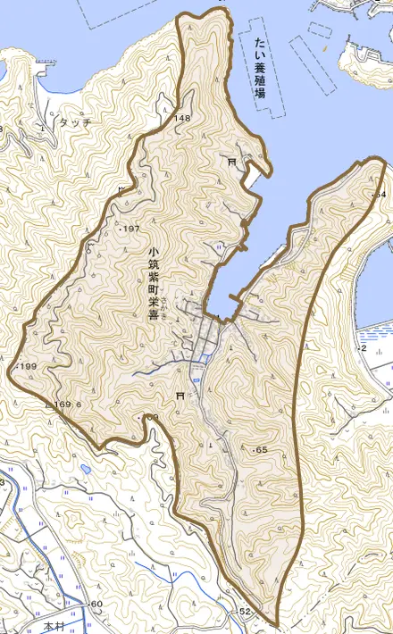 小筑紫町栄喜とその周辺の地図。町の範囲を重ねている