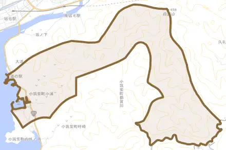 小筑紫町田ノ浦とその周辺の地図。町の範囲を重ねている