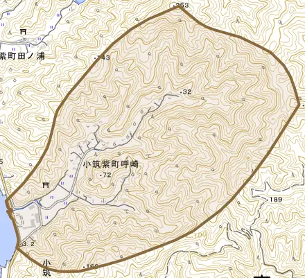 小筑紫町呼崎とその周辺の地図。町の範囲を重ねている
