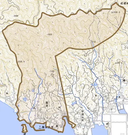 藻津とその周辺の地図。町の範囲を重ねている