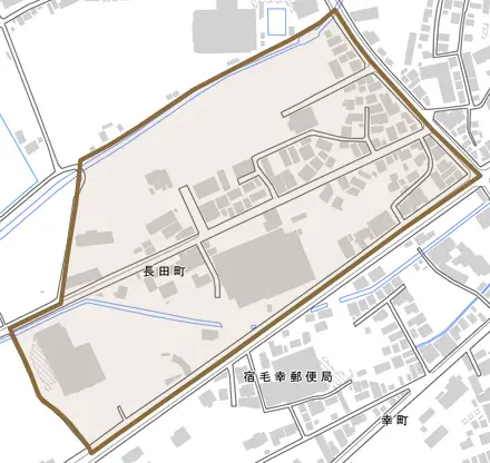 長田町とその周辺の地図。町の範囲を重ねている