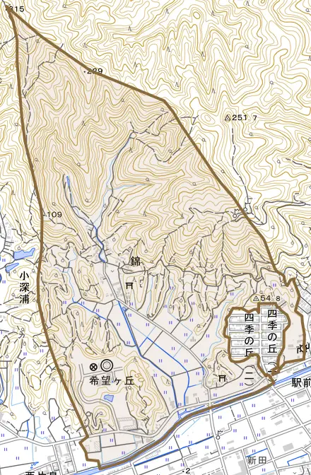 錦とその周辺の地図。町の範囲を重ねている