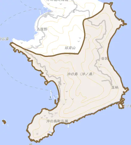 沖の島町弘瀬とその周辺の地図。町の範囲を重ねている