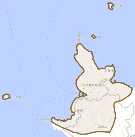 沖の島町母島とその周辺の地図。町の範囲を重ねている