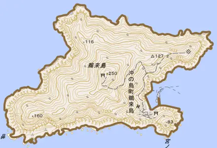 沖の島町鵜来島とその周辺の地図。町の範囲を重ねている