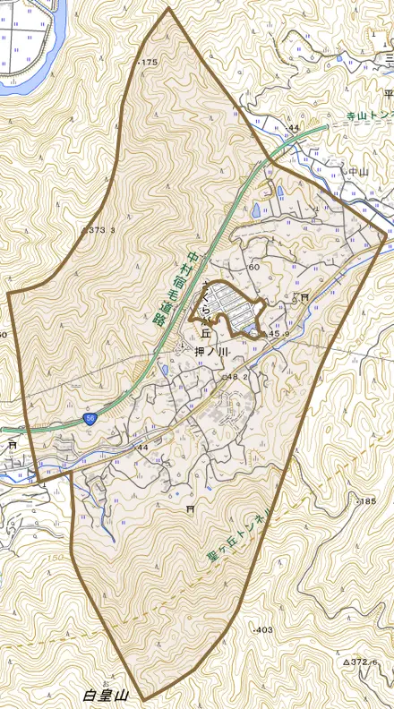 押ノ川とその周辺の地図。町の範囲を重ねている