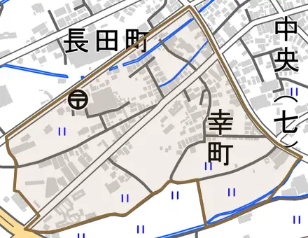 幸町とその周辺の地図。町の範囲を重ねている