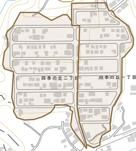 四季の丘とその周辺の地図。町の範囲を重ねている