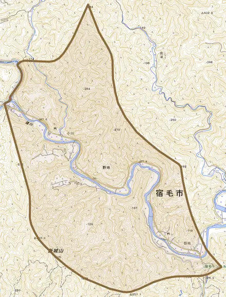 野地とその周辺の地図。町の範囲を重ねている