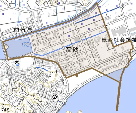 高砂とその周辺の地図。町の範囲を重ねている