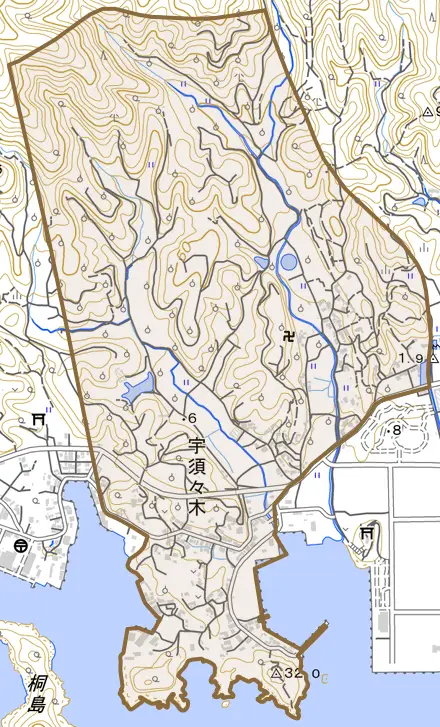 宇須々木とその周辺の地図。町の範囲を重ねている