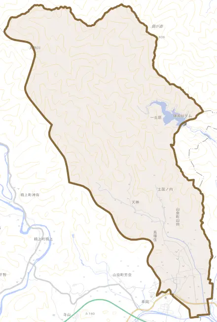 山奈町山田とその周辺の地図。町の範囲を重ねている