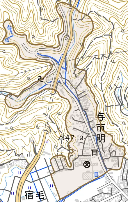 与市明とその周辺の地図。町の範囲を重ねている