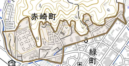 赤崎町とその周辺の地図。町の範囲を重ねている