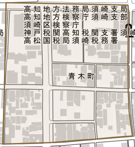 青木町とその周辺の地図。町の範囲を重ねている
