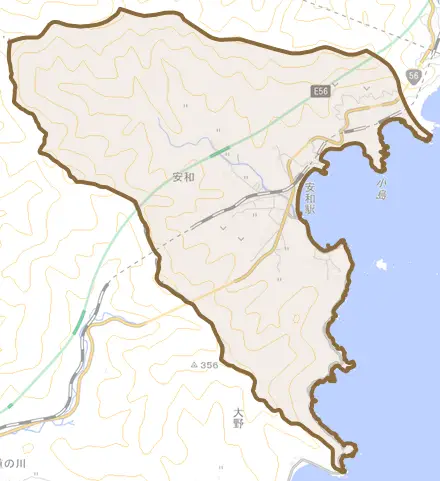 安和とその周辺の地図。町の範囲を重ねている