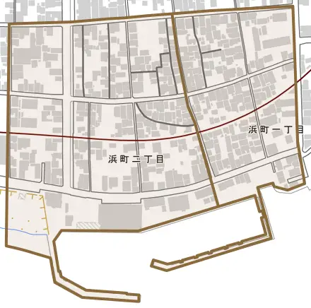 浜町とその周辺の地図。町の範囲を重ねている