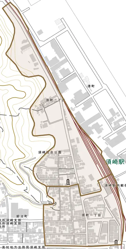 原町とその周辺の地図。町の範囲を重ねている