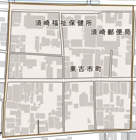 東古市町とその周辺の地図。町の範囲を重ねている
