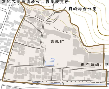 東糺町とその周辺の地図。町の範囲を重ねている