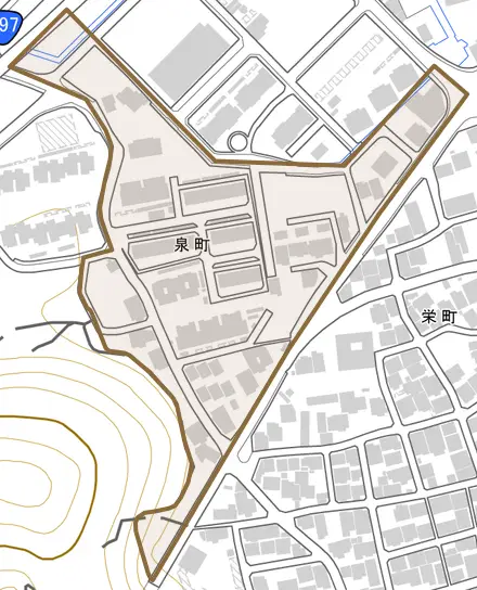泉町とその周辺の地図。町の範囲を重ねている