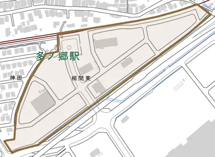桐間東とその周辺の地図。町の範囲を重ねている