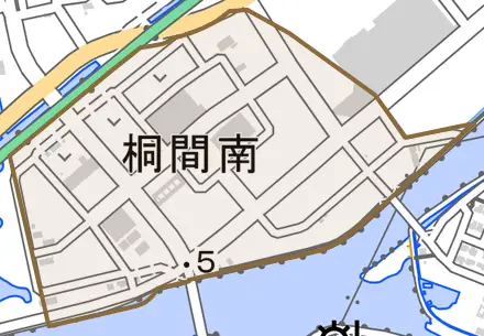 桐間南とその周辺の地図。町の範囲を重ねている