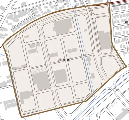 桐間西とその周辺の地図。町の範囲を重ねている