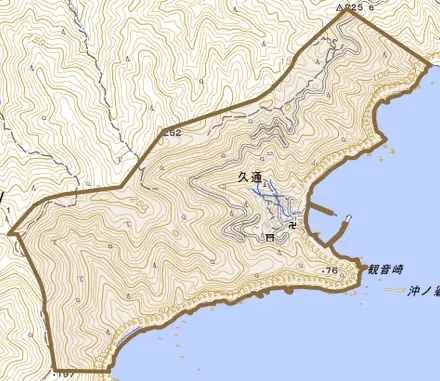 久通とその周辺の地図。町の範囲を重ねている