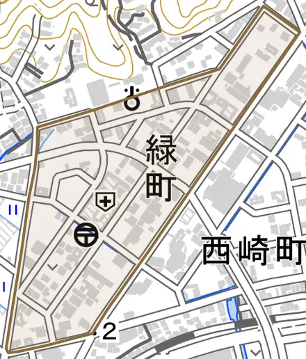緑町とその周辺の地図。町の範囲を重ねている