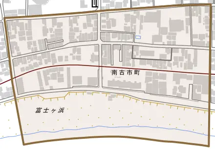 南古市町とその周辺の地図。町の範囲を重ねている