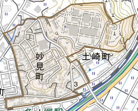 妙見町とその周辺の地図。町の範囲を重ねている