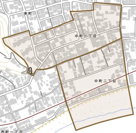 中町とその周辺の地図。町の範囲を重ねている